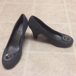 Gray Knit Pumps with Rhinestone Medallion